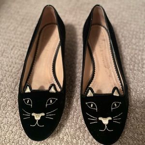 ✨Charlotte Olympia Black/Gold Velvet Metallic Calf Sz 39